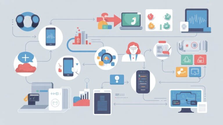 Health data tracking system flow chart showing information sharing between devices and organizations