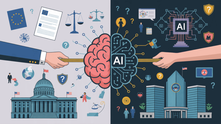 AI governance frameworks illustration showing the global tension between government regulation and corporate innovation in AI development