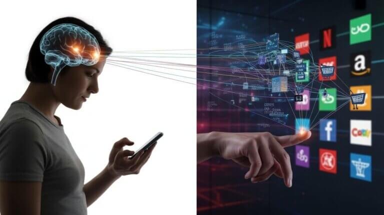 A split-screen digital illustration showing a person's silhouette on the left looking at a smartphone, with their brain visible and glowing neural pathways connecting to the device. On the right side, show a complex web of interconnected algorithms, data streams, and puppet strings extending from corporate logos (Netflix, Amazon, Facebook icons) toward the person. The algorithms should be visualized as flowing data particles, mathematical equations, and decision trees in blues and purples. The person appears to be making a choice (reaching toward a shopping cart or content selection), but the puppet strings subtly guide their hand. Background should be dark with neon digital elements. Style: modern digital art, slightly dystopian but not overly dark, professional and clean