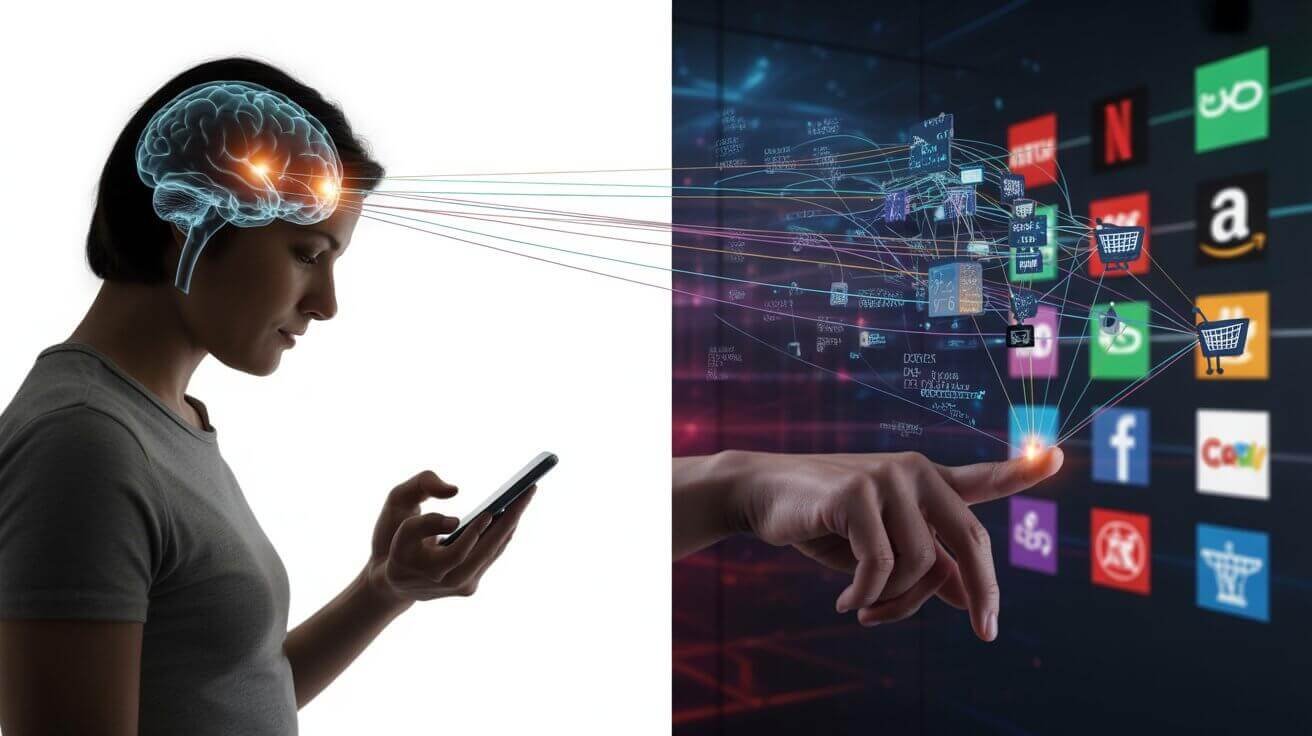 A split-screen digital illustration showing a person's silhouette on the left looking at a smartphone, with their brain visible and glowing neural pathways connecting to the device. On the right side, show a complex web of interconnected algorithms, data streams, and puppet strings extending from corporate logos (Netflix, Amazon, Facebook icons) toward the person. The algorithms should be visualized as flowing data particles, mathematical equations, and decision trees in blues and purples. The person appears to be making a choice (reaching toward a shopping cart or content selection), but the puppet strings subtly guide their hand. Background should be dark with neon digital elements. Style: modern digital art, slightly dystopian but not overly dark, professional and clean