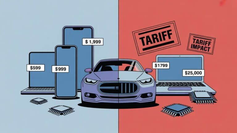 Illustration showing how Trump's 100% semiconductor tariff impacts consumer electronics prices, with smartphones and laptops displaying increased costs due to chip import duties
